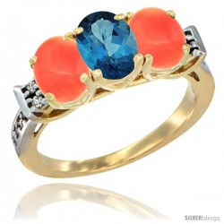 10K Yellow Gold Natural London Blue Topaz & Coral Sides Ring 3-Stone Oval 7x5 mm Diamond Accent