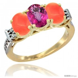 10K Yellow Gold Natural Pink Topaz & Coral Sides Ring 3-Stone Oval 7x5 mm Diamond Accent