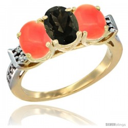 10K Yellow Gold Natural Smoky Topaz & Coral Sides Ring 3-Stone Oval 7x5 mm Diamond Accent