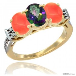 10K Yellow Gold Natural Mystic Topaz & Coral Sides Ring 3-Stone Oval 7x5 mm Diamond Accent