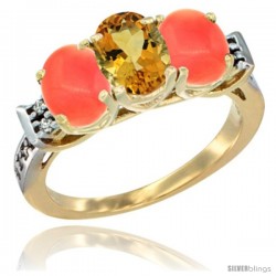 10K Yellow Gold Natural Citrine & Coral Sides Ring 3-Stone Oval 7x5 mm Diamond Accent