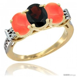 10K Yellow Gold Natural Garnet & Coral Sides Ring 3-Stone Oval 7x5 mm Diamond Accent