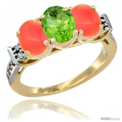 10K Yellow Gold Natural Peridot & Coral Sides Ring 3-Stone Oval 7x5 mm Diamond Accent