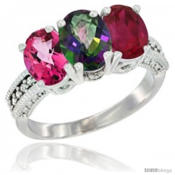 14K White Gold Natural Pink Topaz, Mystic Topaz & Ruby Ring 3-Stone 7x5 mm Oval Diamond Accent