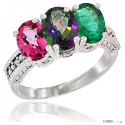 14K White Gold Natural Pink Topaz, Mystic Topaz & Emerald Ring 3-Stone 7x5 mm Oval Diamond Accent