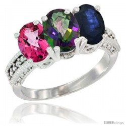 14K White Gold Natural Pink Topaz, Mystic Topaz & Blue Sapphire Ring 3-Stone 7x5 mm Oval Diamond Accent