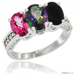 14K White Gold Natural Pink Topaz, Mystic Topaz & Black Onyx Ring 3-Stone 7x5 mm Oval Diamond Accent