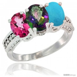 14K White Gold Natural Pink Topaz, Mystic Topaz & Turquoise Ring 3-Stone 7x5 mm Oval Diamond Accent