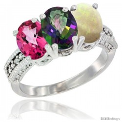 14K White Gold Natural Pink Topaz, Mystic Topaz & Opal Ring 3-Stone 7x5 mm Oval Diamond Accent