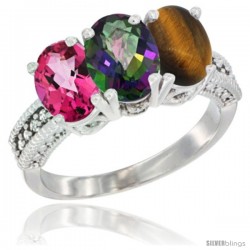 14K White Gold Natural Pink Topaz, Mystic Topaz & Tiger Eye Ring 3-Stone 7x5 mm Oval Diamond Accent