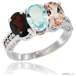 14K White Gold Natural Garnet, Aquamarine & Morganite Ring 3-Stone 7x5 mm Oval Diamond Accent