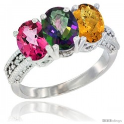 14K White Gold Natural Pink Topaz, Mystic Topaz & Whisky Quartz Ring 3-Stone 7x5 mm Oval Diamond Accent