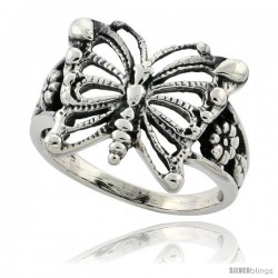 Sterling Silver Butterfly Ring w/ Floral Design 5/8 in Long