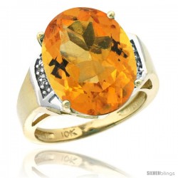 10k Yellow Gold Diamond Citrine Ring 9.7 ct Large Oval Stone 16x12 mm, 5/8 in wide