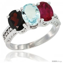 14K White Gold Natural Garnet, Aquamarine & Ruby Ring 3-Stone 7x5 mm Oval Diamond Accent