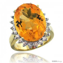 10k Yellow Gold Diamond Halo Citrine Ring 10 ct Large Oval Stone 18x13 mm, 7/8 in wide