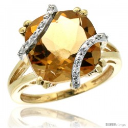 10k Yellow Gold Diamond Citrine Ring 7.5 ct Cushion Cut 12 mm Stone, 1/2 in wide