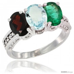 14K White Gold Natural Garnet, Aquamarine & Emerald Ring 3-Stone 7x5 mm Oval Diamond Accent