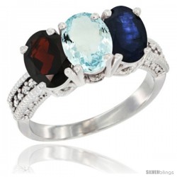 14K White Gold Natural Garnet, Aquamarine & Blue Sapphire Ring 3-Stone 7x5 mm Oval Diamond Accent