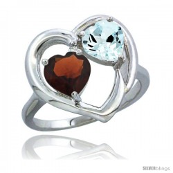 14k White Gold 2-Stone Heart Ring 6mm Natural Garnet & Aquamarine Diamond Accent