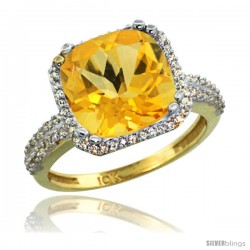 10k Yellow Gold Diamond Halo Citrine Ring Checkerboard Cushion 11 mm 5.85 ct 1/2 in wide