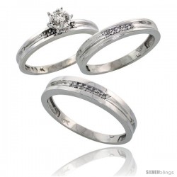 10k White Gold Diamond Trio Wedding Ring Set His 4mm & Hers 3.5mm -Style Ljw119w3