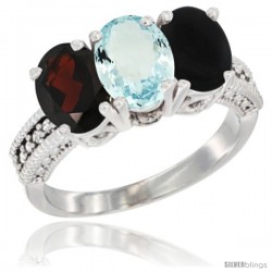 14K White Gold Natural Garnet, Aquamarine & Black Onyx Ring 3-Stone 7x5 mm Oval Diamond Accent