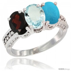 14K White Gold Natural Garnet, Aquamarine & Turquoise Ring 3-Stone 7x5 mm Oval Diamond Accent