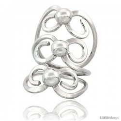 Sterling Silver Wire Wrap Bow Shape Ring Centered with 3 balls, 1 5/16 in Long