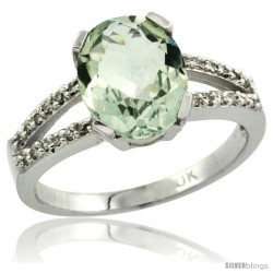 10k White Gold and Diamond Halo Green Amethyst Ring 2.4 carat Oval shape 10X8 mm, 3/8 in (10mm) wide