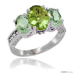 10K White Gold Ladies Natural Peridot Oval 3 Stone Ring with Green Amethyst Sides Diamond Accent