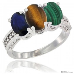 14K White Gold Natural Blue Sapphire, Tiger Eye & Malachite Ring 3-Stone 7x5 mm Oval Diamond Accent