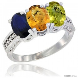 14K White Gold Natural Blue Sapphire, Whisky Quartz & Lemon Quartz Ring 3-Stone 7x5 mm Oval Diamond Accent