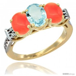 10K Yellow Gold Natural Aquamarine & Coral Sides Ring 3-Stone Oval 7x5 mm Diamond Accent