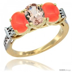 10K Yellow Gold Natural Morganite & Coral Sides Ring 3-Stone Oval 7x5 mm Diamond Accent