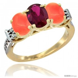 10K Yellow Gold Natural Ruby & Coral Sides Ring 3-Stone Oval 7x5 mm Diamond Accent