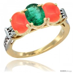 10K Yellow Gold Natural Emerald & Coral Sides Ring 3-Stone Oval 7x5 mm Diamond Accent