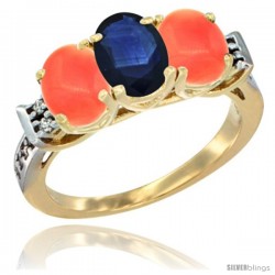 10K Yellow Gold Natural Blue Sapphire & Coral Sides Ring 3-Stone Oval 7x5 mm Diamond Accent