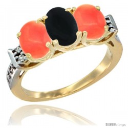 10K Yellow Gold Natural Black Onyx & Coral Sides Ring 3-Stone Oval 7x5 mm Diamond Accent