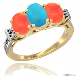 10K Yellow Gold Natural Turquoise & Coral Sides Ring 3-Stone Oval 7x5 mm Diamond Accent