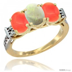 10K Yellow Gold Natural Opal & Coral Sides Ring 3-Stone Oval 7x5 mm Diamond Accent