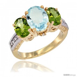 14K Yellow Gold Ladies 3-Stone Oval Natural Aquamarine Ring with Peridot Sides Diamond Accent