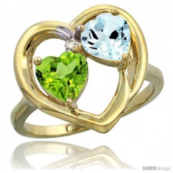 14k Yellow Gold 2-Stone Heart Ring 6mm Natural Peridot & Aquamarine Diamond Accent