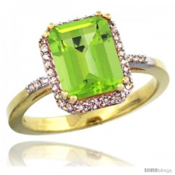 14k Yellow Gold Diamond Peridott Ring 2.53 ct Emerald Shape 9x7 mm, 1/2 in wide