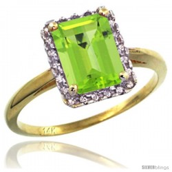 14k Yellow Gold Diamond Peridot Ring 1.6 ct Emerald Shape 8x6 mm, 1/2 in wide