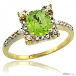 14k Yellow Gold Diamond Halo Peridot Ring 1.2 ct Checkerboard Cut Cushion 6 mm, 11/32 in wide