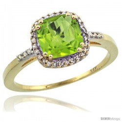 14k Yellow Gold Diamond Peridot Ring 1.5 ct Checkerboard Cut Cushion Shape 7 mm, 3/8 in wide