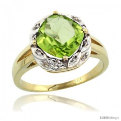 14k Yellow Gold Diamond Halo Peridot Ring 2.7 ct Checkerboard Cut Cushion Shape 8 mm, 1/2 in wide