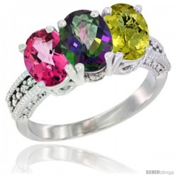 14K White Gold Natural Pink Topaz, Mystic Topaz & Lemon Quartz Ring 3-Stone 7x5 mm Oval Diamond Accent