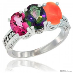 14K White Gold Natural Pink Topaz, Mystic Topaz & Coral Ring 3-Stone 7x5 mm Oval Diamond Accent